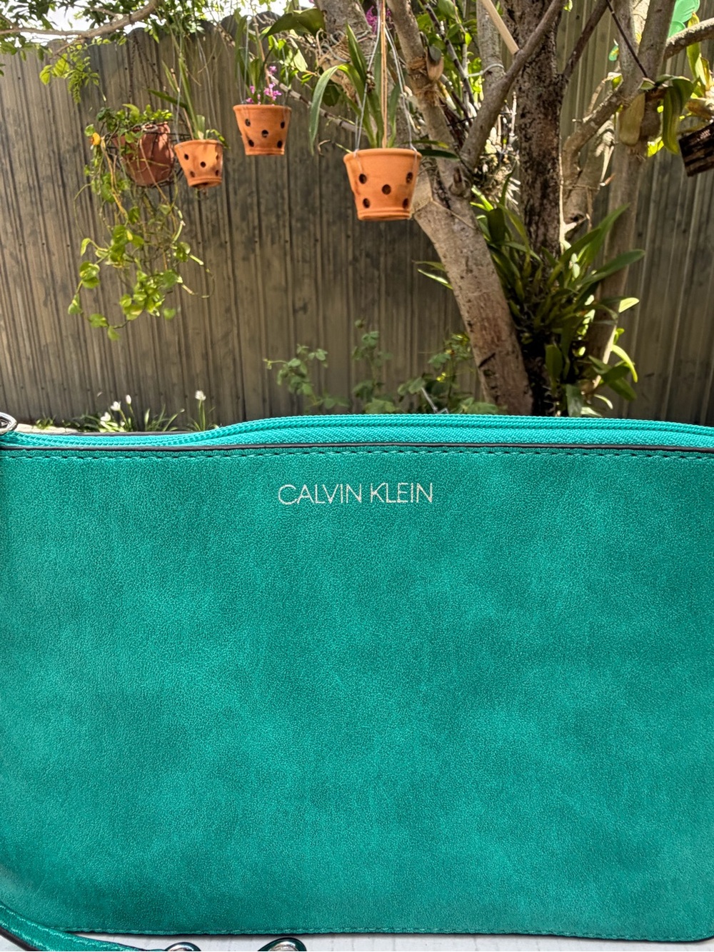 Calvin Klein Turquoise Wristlet Clutch Zip Pouch Teal Faux Leather Bag